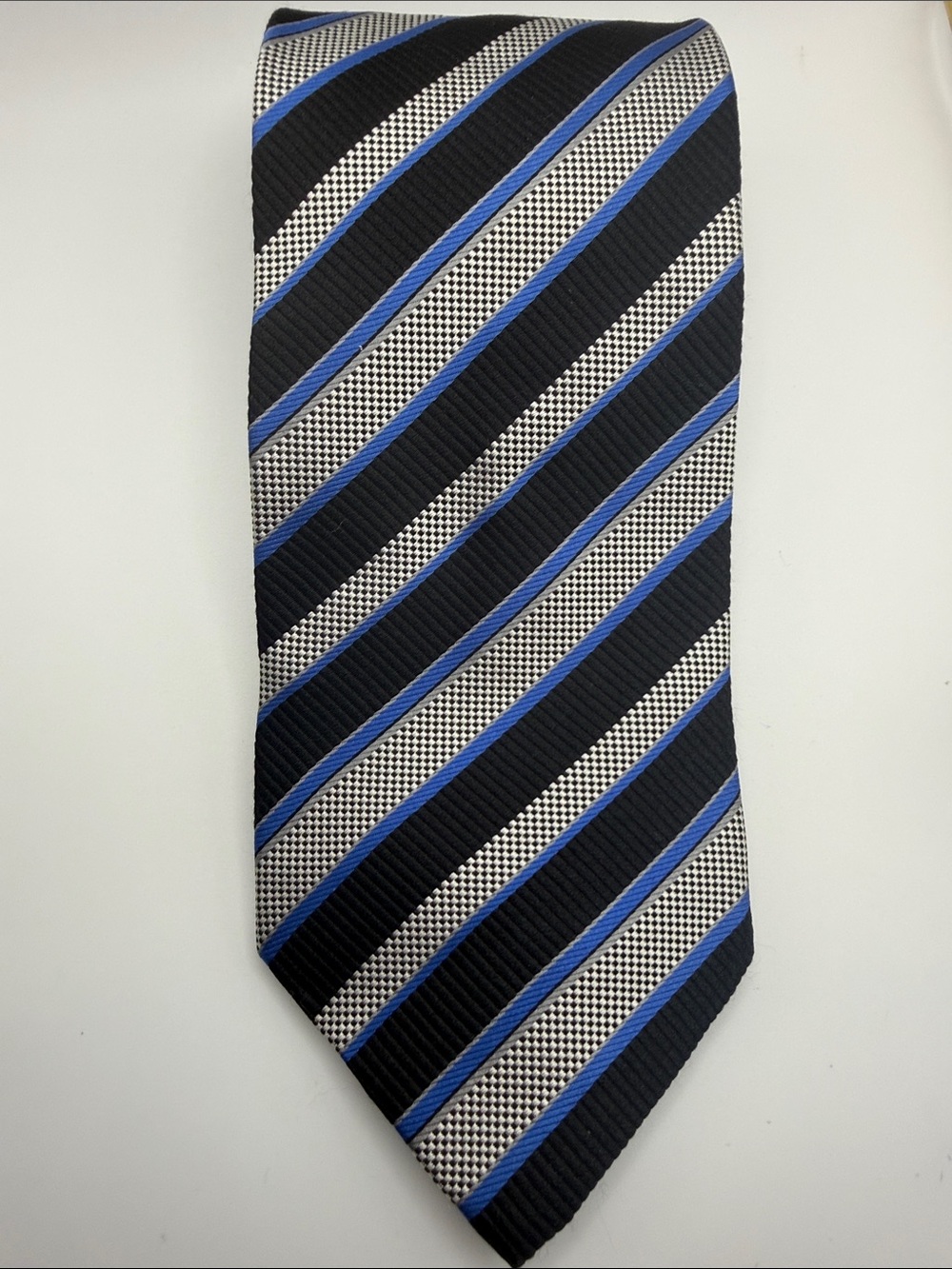 Jos. A. Bank Black and Blue Diagonal Stripe Tie, 100% silk made in Italy